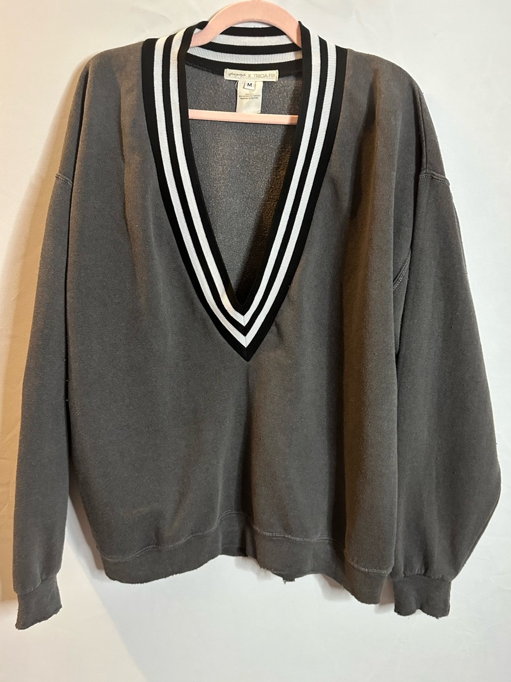 Free People Tricia Fix Collegiate V-Neck Up Cycled Sweatshirt Top, Charcoal, MED